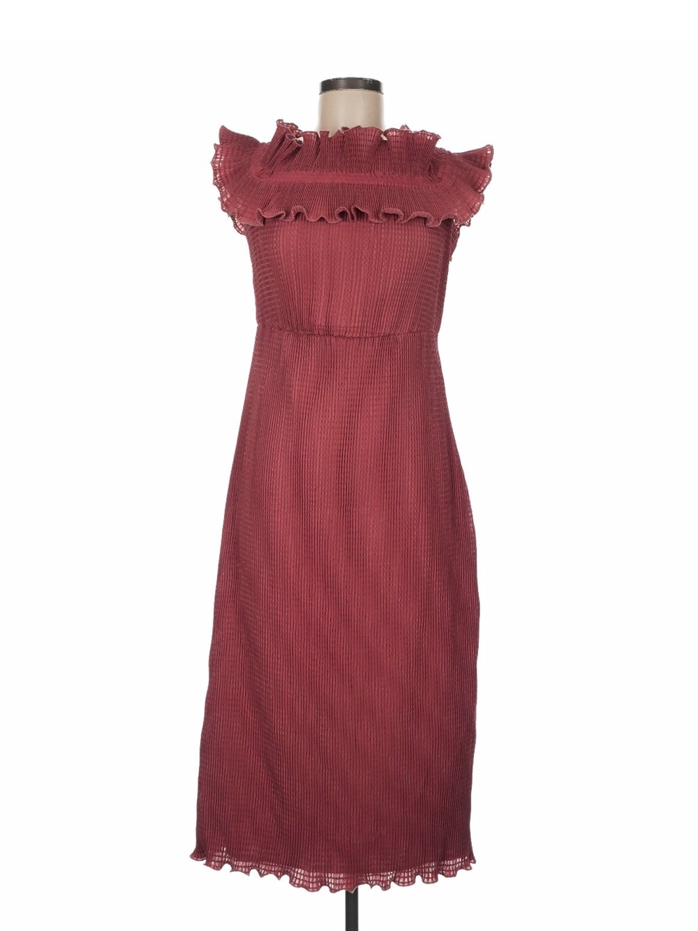 KEEPSAKE the Label Wine Sleeveless Ruffled Midi Dress